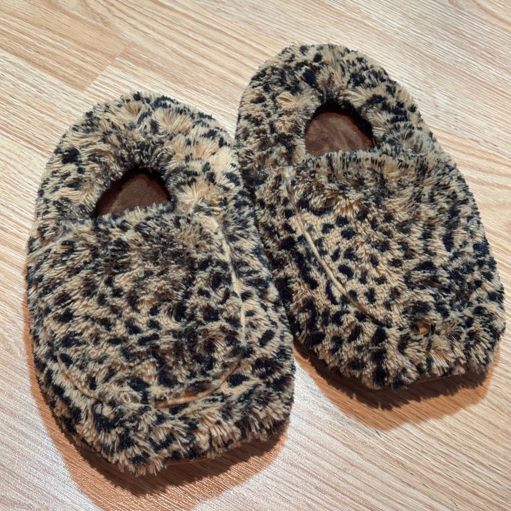 Warmies Microwavable Leopard Print Slippers Brown Tan‎ Faux Fur Heated Booties